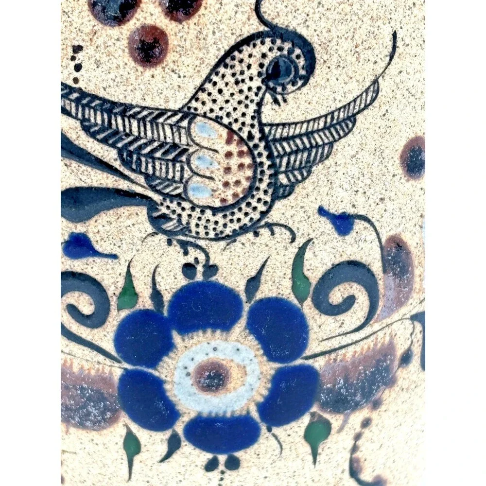 Netzi Tonala Pottery Burnished Clay Vase Hand-Painted Bird Floral Motif‎ Signed